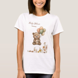 キュートなクマの風船 ボヘミアン フラワー ベビーシャワー 女性用 Tシャツ