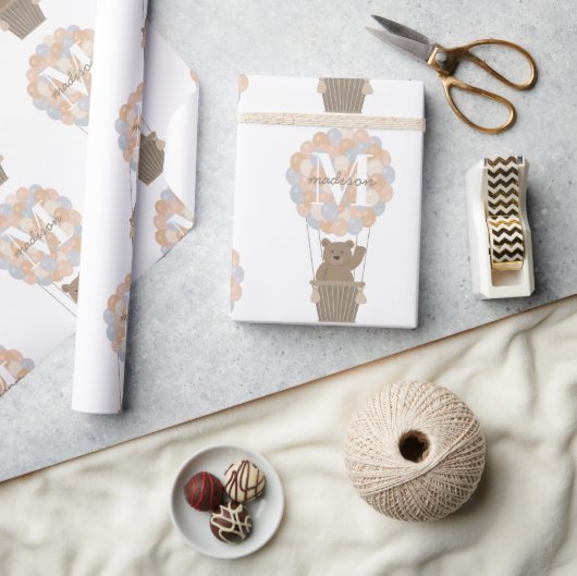 キュートなクマ熱い気球モノグラム男女兼用 ラッピングペーパー (クラフト)