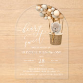 キュートなクマ，ベージュのバルーン，第1誕生日 アクリル招待状 (正面)