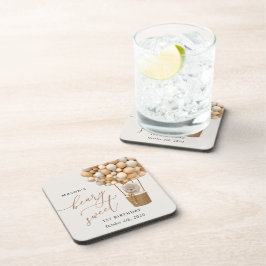 キュートなクマ，ベージュのバルーン，第1誕生日 コースター