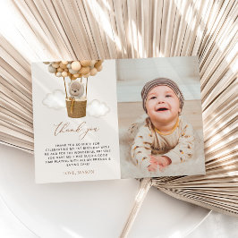 キュートなクマ，ベージュのバルーン，第1誕生日 サンキューカード