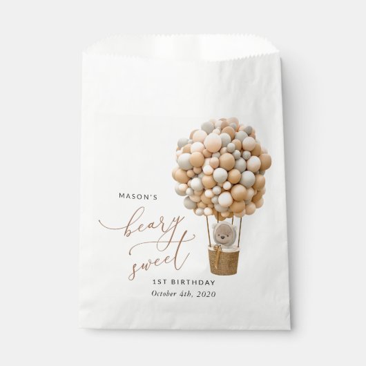 キュートなクマ，ベージュのバルーン，第1誕生日 フェイバーバッグ (正面)