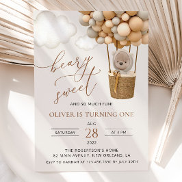 キュートなクマ，ベージュのバルーン，第1誕生日 招待状