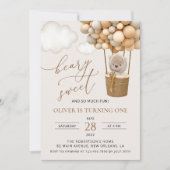 キュートなクマ，ベージュのバルーン，第1誕生日 招待状 (正面)