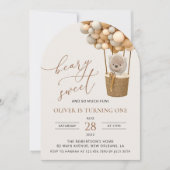 キュートなクマ,ベージュのバルーン,第1誕生日 招待状 (正面)