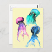 キュートなクラゲトリオ水彩画 ポストカード (正面/裏面)