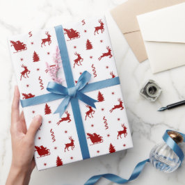 キュートなクラシック レッド+トナカイ クリスマス ホリデー ラッピングペーパー
