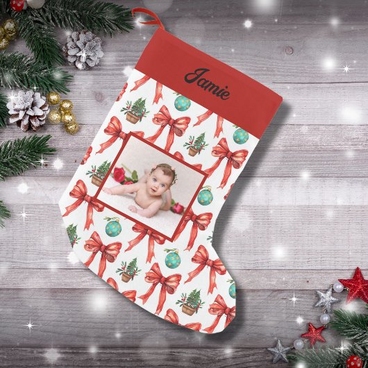 キュートなクリスマスの赤い弓 スモールクリスマスストッキング