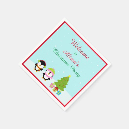 キュートなクリスマスウィンターペンギンと木 スタンダードカクテルナプキン (角)