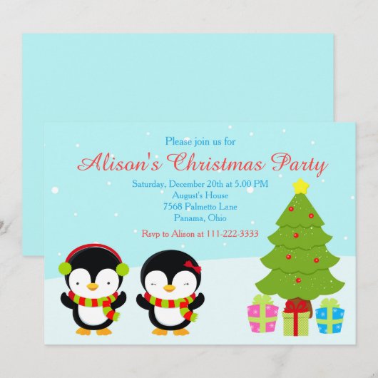 キュートなクリスマスウィンターペンギンと木 招待状 (正面/裏面)
