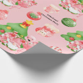 キュートなクリスマスウォーターカラーピンクと緑のトロピカル ラッピングペーパー (角)
