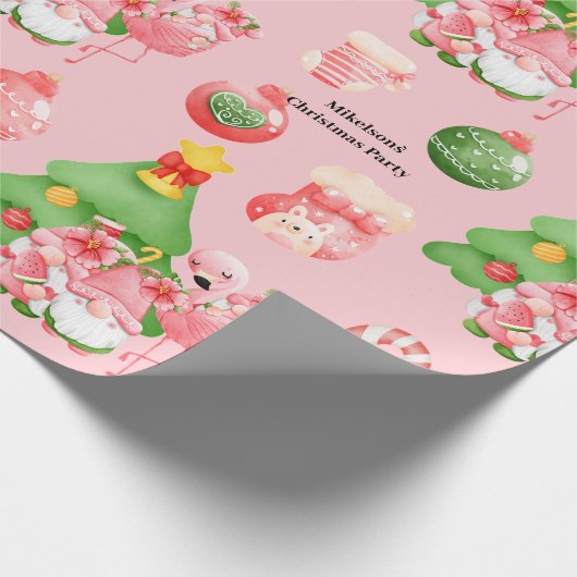 キュートなクリスマスウォーターカラーピンクと緑のトロピカル ラッピングペーパー (角)