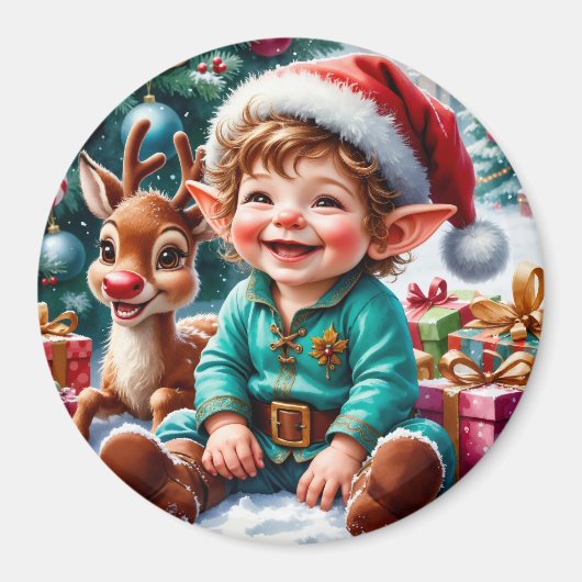 キュートなクリスマスエルフとトナカイ マグネット (正面)