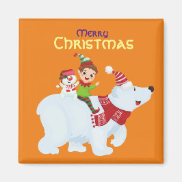 キュートなクリスマスエルフ、ホッキョクグマ、雪だるま スクエア マグネット