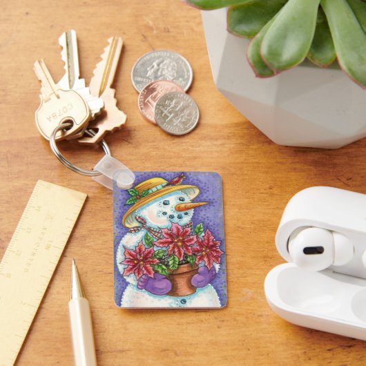 キュートなクリスマスガール雪だるまとポインセチア キーホルダー (デスク)