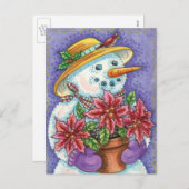 キュートなクリスマスガール雪だるまとポインセチア シーズンポストカード (正面/裏面)