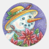 キュートなクリスマスガール雪だるまとポインセチア ラウンドシール (正面)
