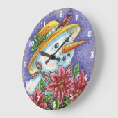 キュートなクリスマスガール雪だるまとポインセチア ラージ壁時計 (傾斜)