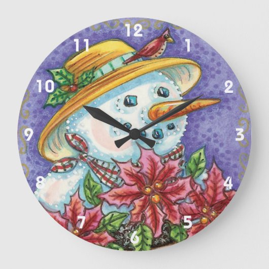 キュートなクリスマスガール雪だるまとポインセチア ラージ壁時計 (正面)