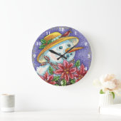 キュートなクリスマスガール雪だるまとポインセチア ラージ壁時計 (ホーム)