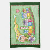 キュートなクリスマスキャタピラートレインとプレゼント キッチンタオル (縦)