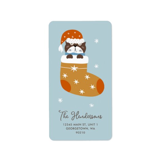 キュートなクリスマスキャットをストッキング垂直 ラベル (正面)