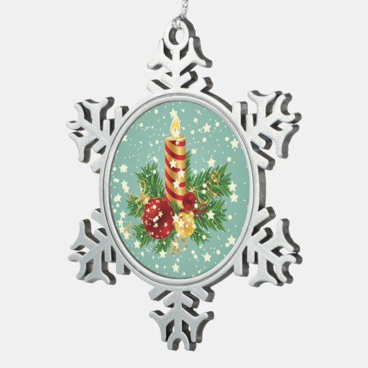 キュートなクリスマスキャンドルとキラキラ スノーフレークピューターオーナメント (右)