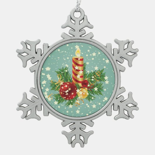 キュートなクリスマスキャンドルとキラキラ スノーフレークピューターオーナメント (正面)