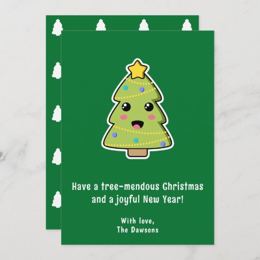 キュートなクリスマスツリーおもしろいツリー恐ろしいグリーンフラット シーズンカード (正面/裏面)