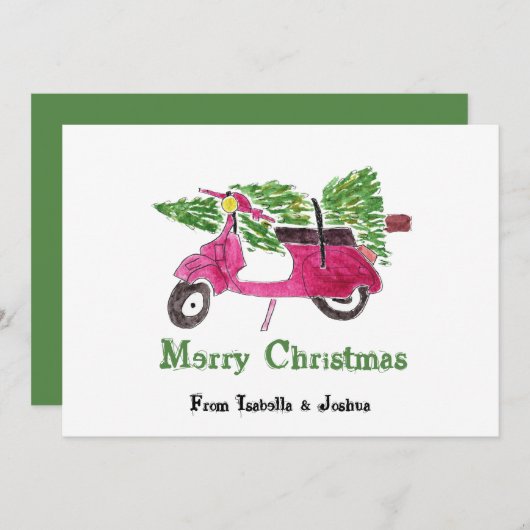 キュートなクリスマスツリーとレッドスクーター シーズンカード (正面/裏面)