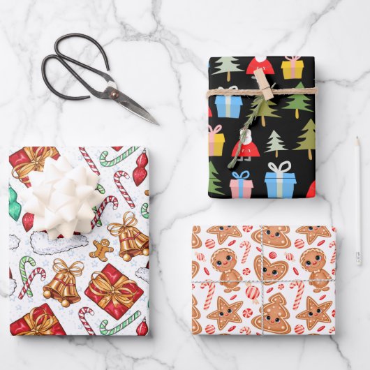 キュートなクリスマスツリーの鐘のジンジャーブレッドのパターン ラッピングペーパーシート (正面)