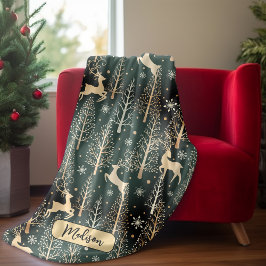 キュートなクリスマスツリートナカイのモノグラムグリーン フリースブランケット