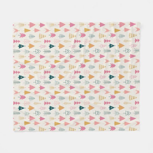 キュートなクリスマスツリー赤面ピンクパターン フリースブランケット (正面(横))