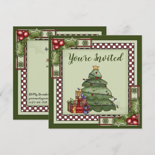 キュートなクリスマスツリー、ギフトとホリーホリデーパーティー 招待状 (正面/裏面)