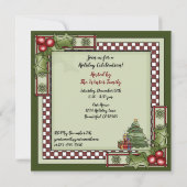 キュートなクリスマスツリー、ギフトとホリーホリデーパーティー 招待状 (裏面)