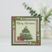 キュートなクリスマスツリー、ギフト、ホリーのメリークリスマス シーズンカード (スタンド正面)