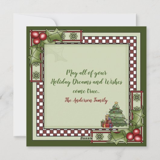 キュートなクリスマスツリー、ギフト、ホリーのメリークリスマス シーズンカード (裏面)