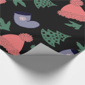 キュートなクリスマスツリー、ストッキング、ブラックの赤い帽子 ラッピングペーパー (角)