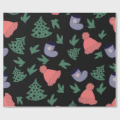 キュートなクリスマスツリー、ストッキング、ブラックの赤い帽子 ラッピングペーパー (フラット)