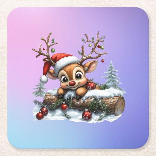 キュートなクリスマストインデナーカード(オーナメント付) スクエアペーパーコースター (正面)