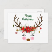 キュートなクリスマストナカイとポインセチア ポストカード (正面/裏面)