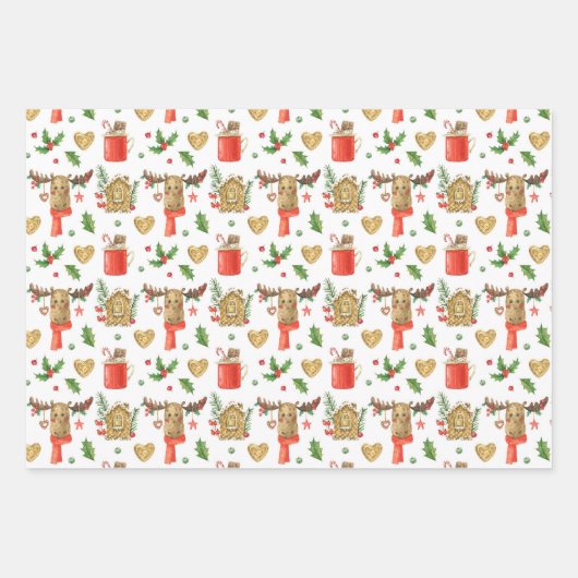 キュートなクリスマストナカイ冬の水のカラーパターン ラッピングペーパーシート (正面)