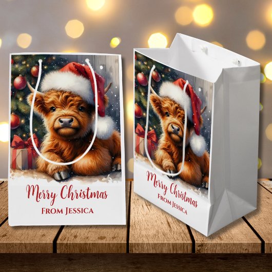 キュートなクリスマスハイランド牛 ミディアムペーパーバッグ