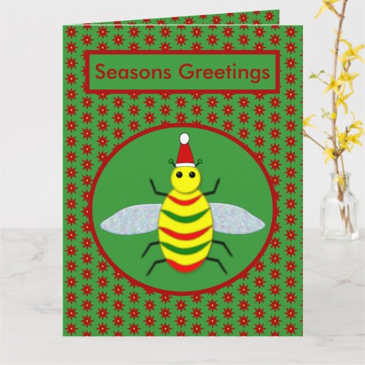 キュートなクリスマスビーとポインセチアカスタム花 カード (黄色い花)