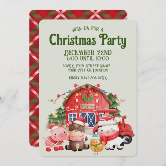 キュートなクリスマスファームの動物をセージに 招待状 (正面/裏面)