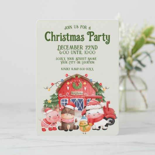 キュートなクリスマスファームの動物をセージに 招待状 (スタンド正面)