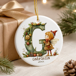 キュートなクリスマスフェアリーイニシャル'G' オーダーメイドの思い出の品 セラミックオーナメント