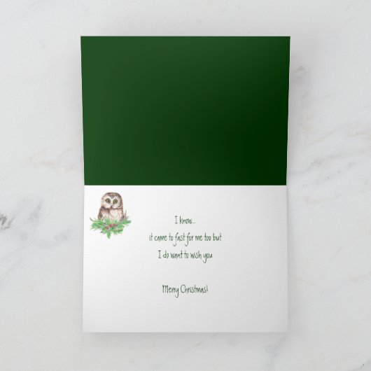 キュートなクリスマスフクロウのユーモア、水彩鳥 シーズンカード (内部)