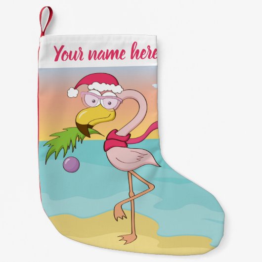 キュートなクリスマスフラミンゴをトロピカルビーチ名 スモールクリスマスストッキング (正面)