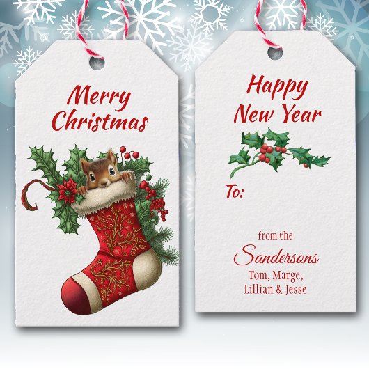 キュートなクリスマスブラウンのリスのピーク ギフトタグ